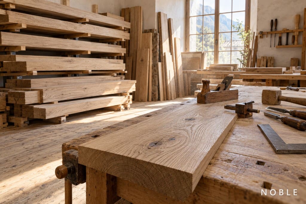 Sustainably sourced Swiss oak wood in the workshop