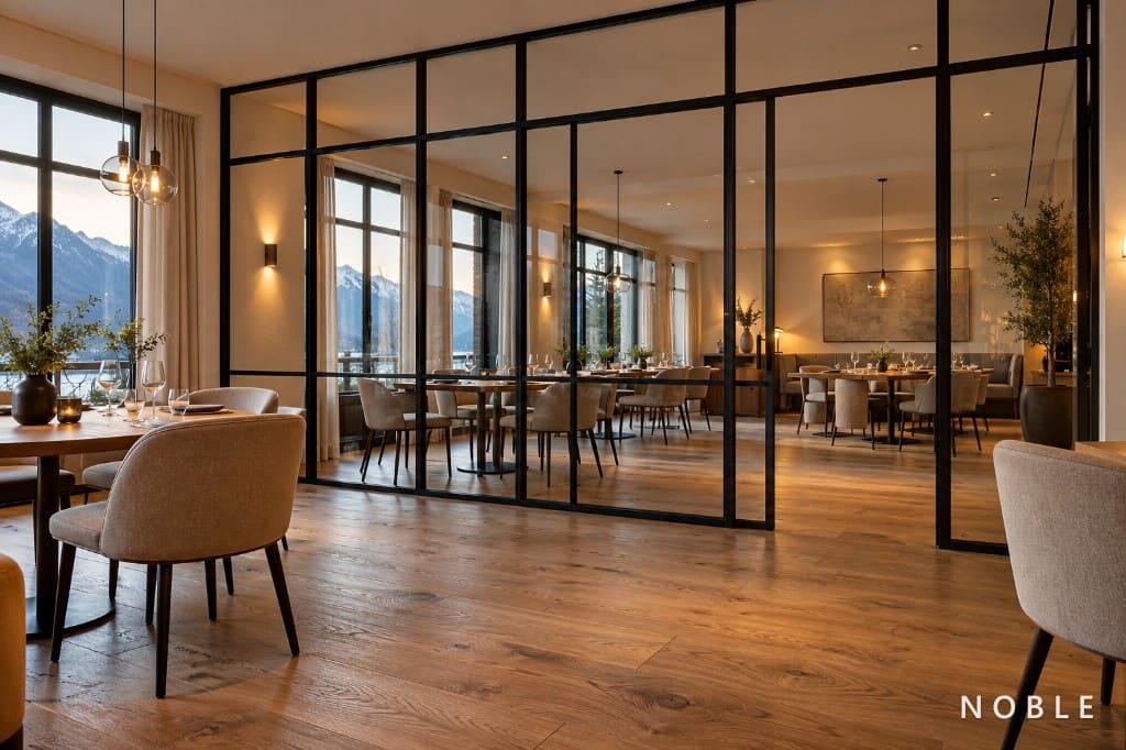 Steel-and-glass room divider in a hospitality space