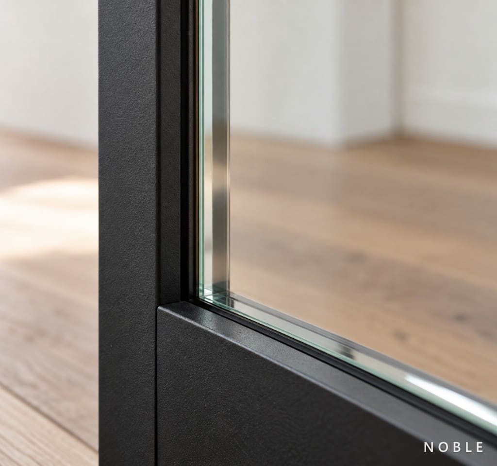 Loft door with safety glass and slender steel profile in detail
