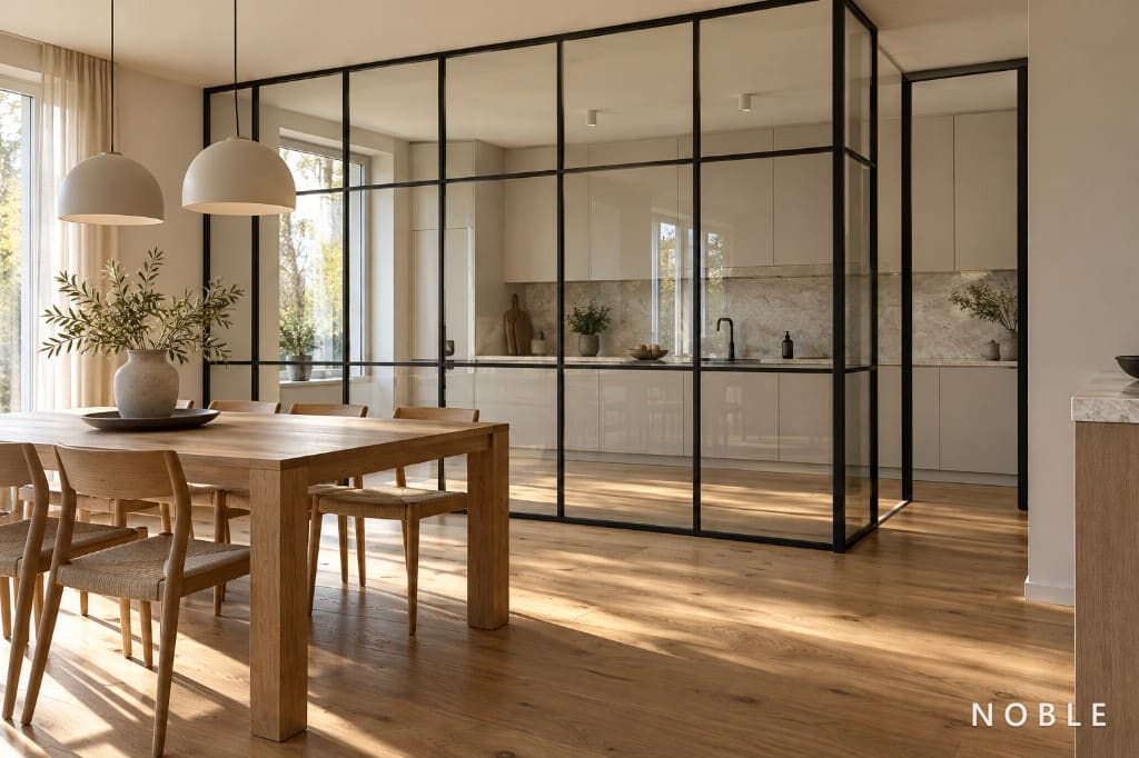 Fenêtre loft comme cloison vitrée dans un espace de vie ouvert
