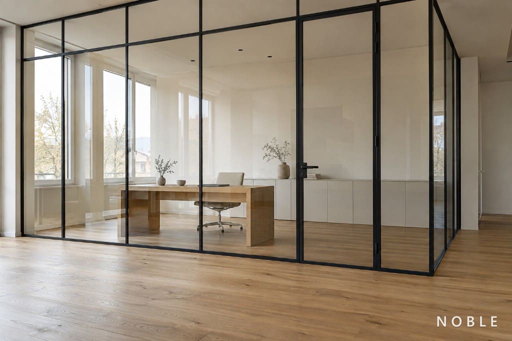 Raumhohe Glaswand mit Stahlprofil in Basler Büroatelier