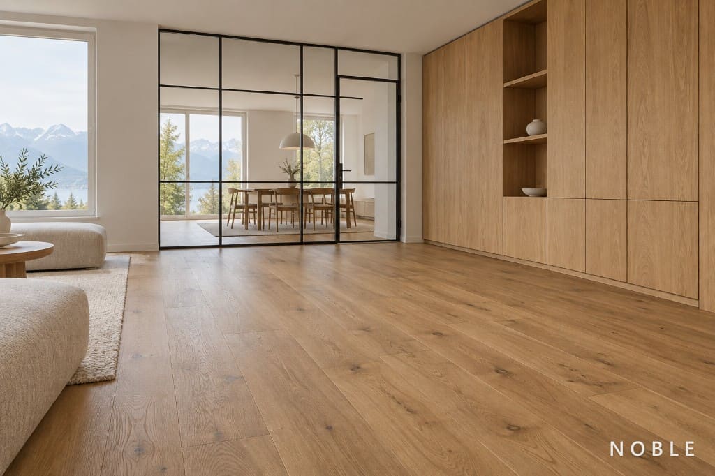 Completely fitted-out living space with wooden floor, built-ins and glass partition