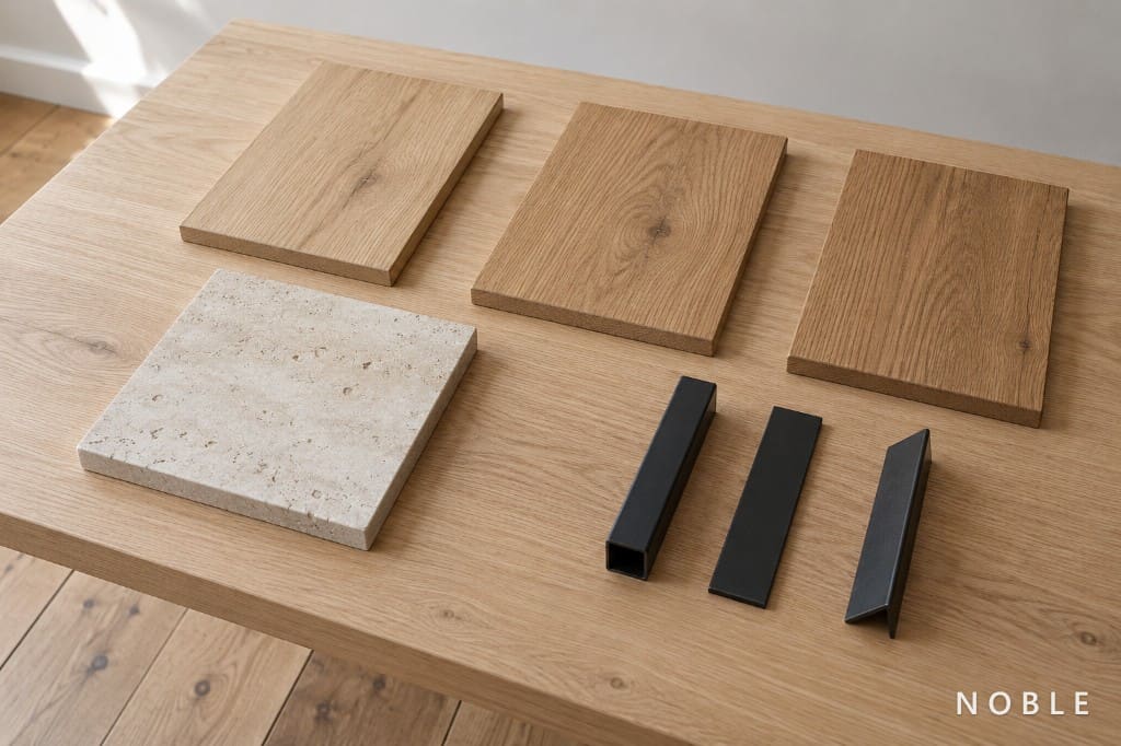 Selezione di materiali con campioni di legno, pietra e metallo