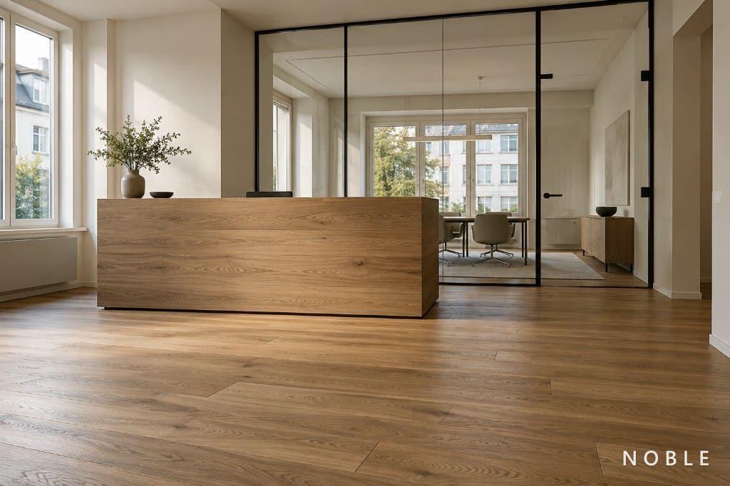 Komplettlösung mit Parkett, Glaswänden und Empfangstheke in Berner Boutique-Büro