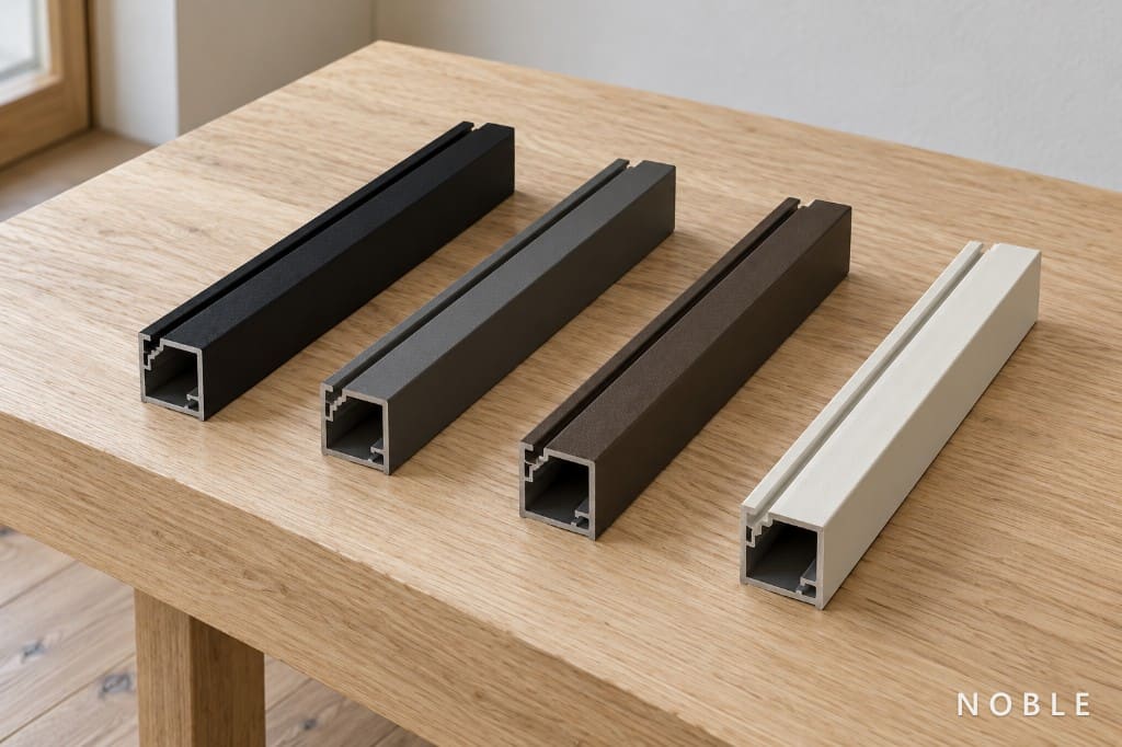 Detail shot of powder-coated steel profiles in various colours